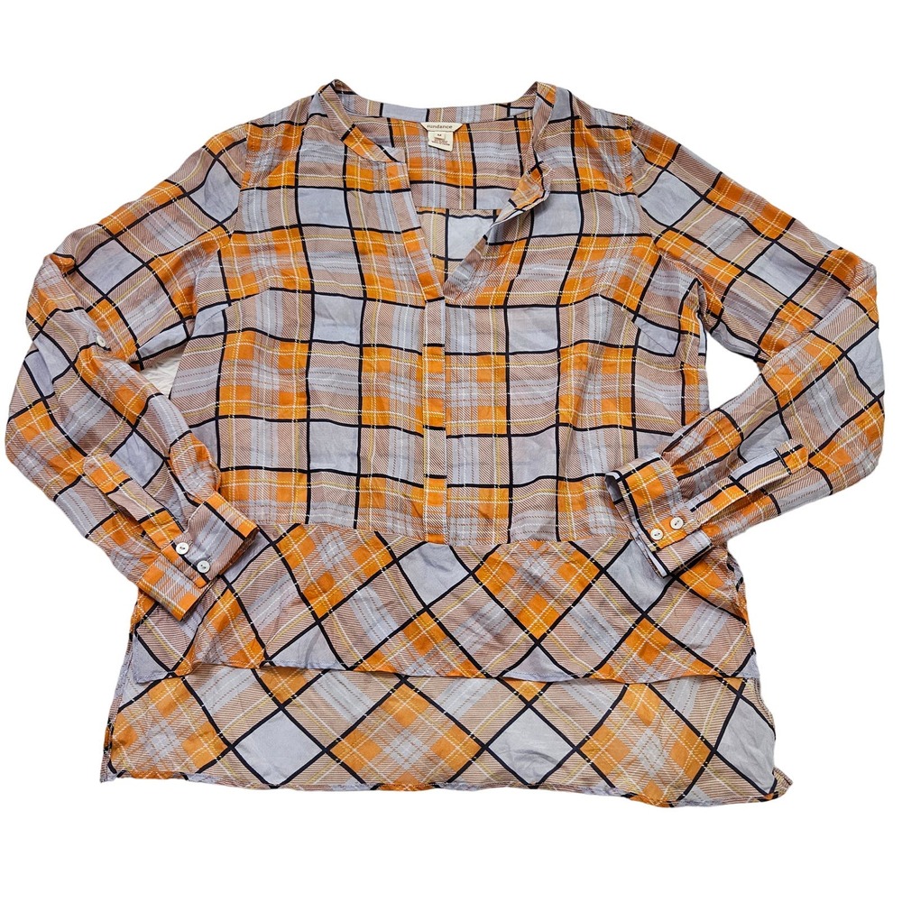 Sundance Women's Orange Plaid Long Sleeve 100% Silk Semi Sheer Blouse Sz M